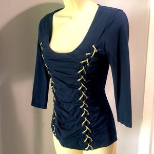 Boston Proper navy top with gold stitching